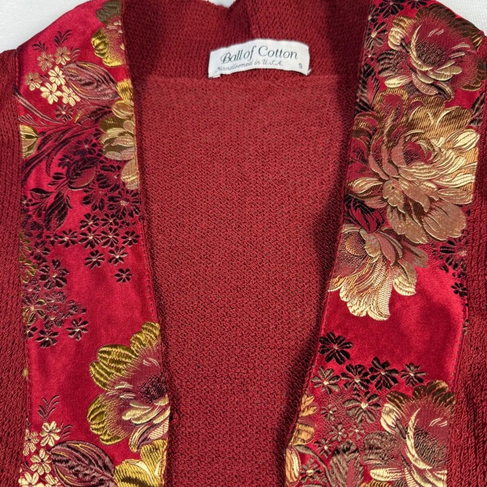 Ball of Cotton Red Textured Knit Cardigan with Floral Brocade Trim Women's S - Picture 16 of 16